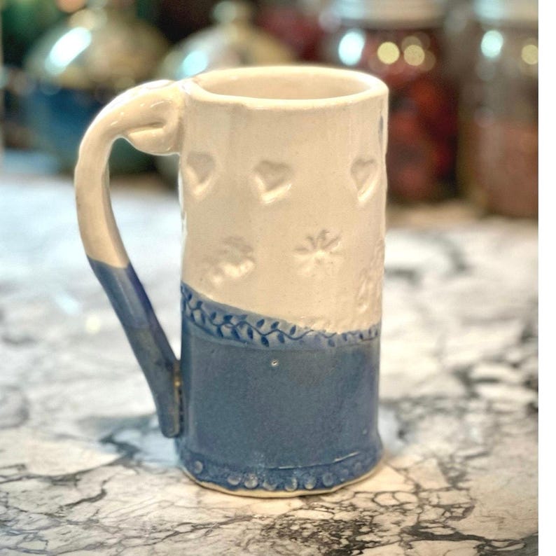 Vintage Blue and White Handmade Pottery Mug, Signed Anna K. White Sky image 1