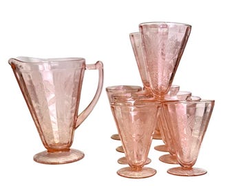 Pink Depression Glass Pitcher Set With Ten Footed Glasses, Etched Floral Design