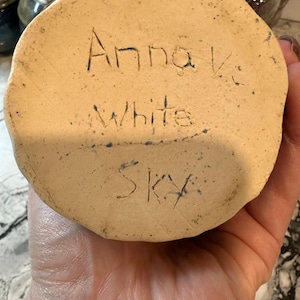 Vintage Blue and White Handmade Pottery Mug, Signed Anna K. White Sky image 2