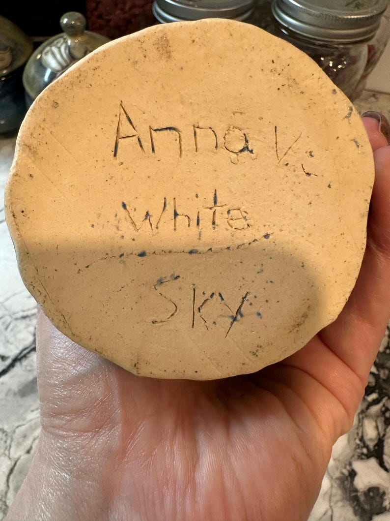 Vintage Blue and White Handmade Pottery Mug, Signed Anna K. White Sky image 2