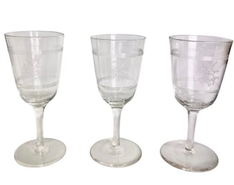 Set of 3 Small Vintage Crystal Etched Cordial Glasses – 4.5" Tall