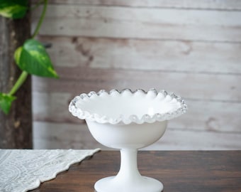 Fenton Silver Crest Milk Glass Compote, 4" Ruffled Edge Pedestal Bowl