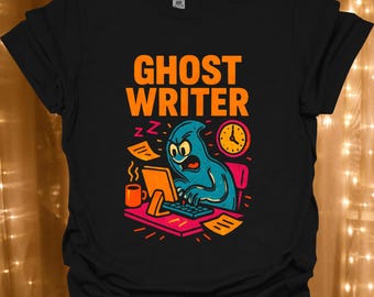 Ghost Writer Illustration T-Shirt | Halloween Ghost Typing Design | Gift for Author |