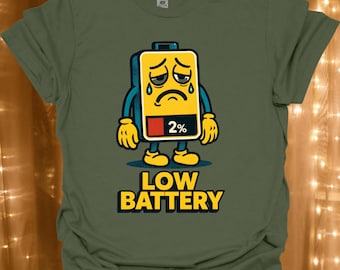 Low Battery Cartoon Phone 2% T-Shirt | Sad Battery Graphic Tee | Energy