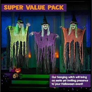 May include: Three hanging witch decorations in green, purple, and orange, with black hats and tattered fabric. The text "SUPER VALUE PACK" is at the top, and "Our hanging witch will bring an eerie yet inviting presence to your Halloween event!" is at the bottom.