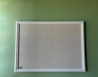Farmhouse Linen Bulletin Board with White Wood Frame | 24x18 Pin Board for Office, Home or Classroom | Fabric Cork Board for Notes, Photos