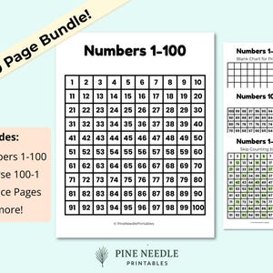 May include: A bundle of printable educational pages for learning numbers 1-100. Includes a chart, reverse chart, and skip counting exercises. The pages are white with black text and a light blue background.