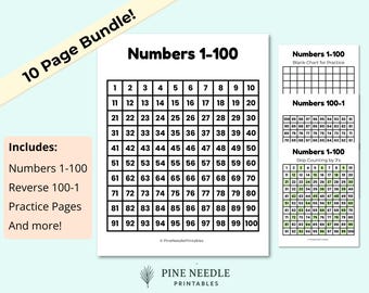 May include: A bundle of printable educational pages for learning numbers 1-100. Includes a chart, reverse chart, and skip counting exercises. The pages are white with black text and a light blue background.