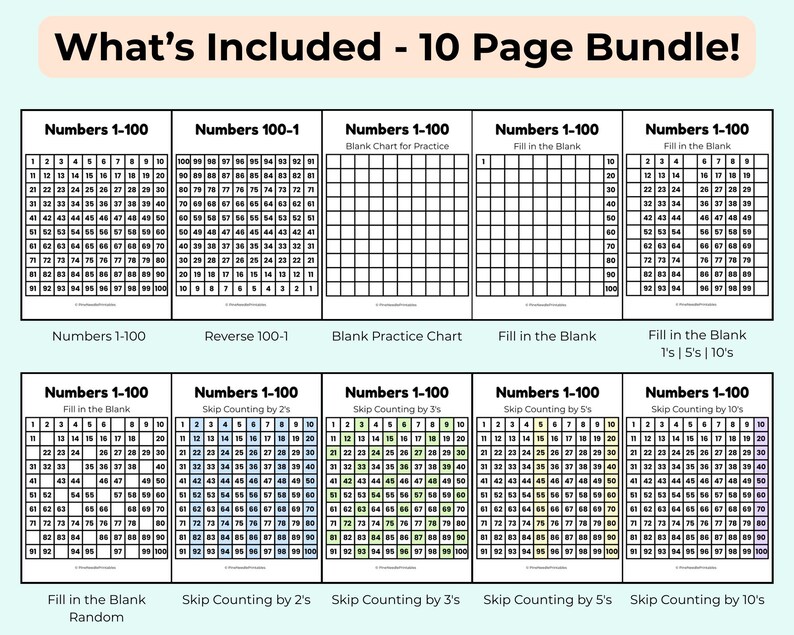Hundreds Chart Printable Bundle | Numbers 1–100, Reverse 100–1, Blank ...