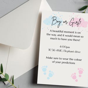 Invitación para revelar el género / Invitación para fiesta de niño o niña / Plantilla editable para baby shower / Tarjeta rosa y azul para revelar el género