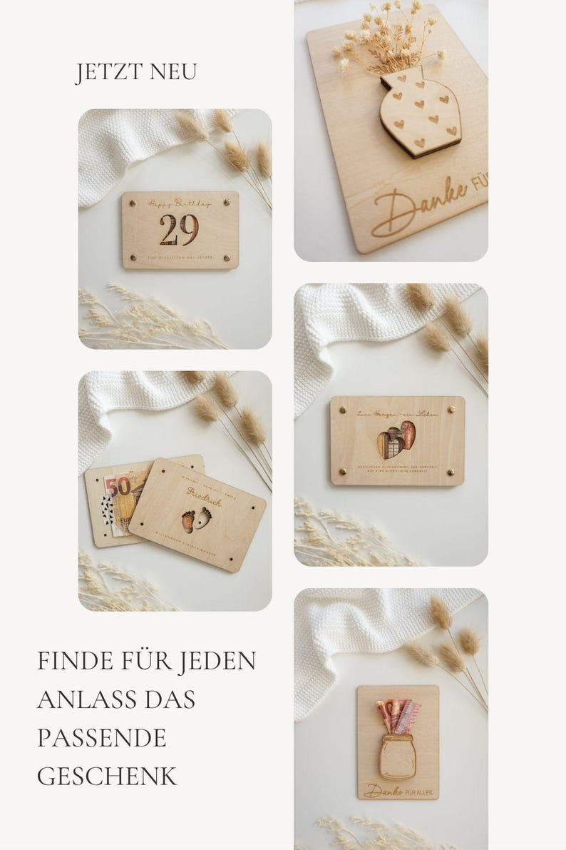 Puede incluir: Una colecci&oacute;n de tarjetas de regalo de madera con varios dise&ntilde;os y texto. Una tarjeta dice "Happy Birthday 29", otra tiene un jarr&oacute;n con corazones, y otras tienen texto e ilustraciones. Las tarjetas se muestran con elementos decorativos.