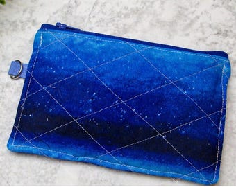 Galaxy Print Zipper Pouch, Blue Cosmic Cotton Wristlet, Small Cosmetic Bag