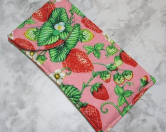 Strawberry Print Glasses Case – Handmade Padded Snap Pouch