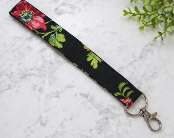 Black Floral Wristlet Keychain, Handmade Fabric Key Fob, Wrist Strap Key Holder