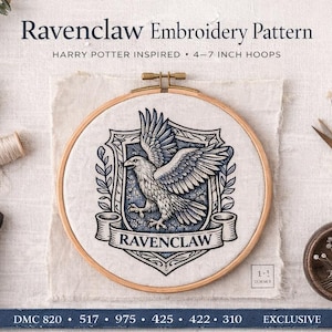 May include: An embroidery hoop featuring a Ravenclaw crest design, inspired by Harry Potter. The design includes a detailed eagle emblem with the word "Ravenclaw" on a banner. The image also shows embroidery supplies like thread, scissors, and pins.