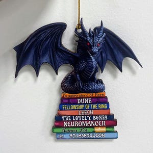 Wooden Dragon Ornament - Fantasy Book Stack Decor, Gothic Library Hanging, Christmas Gift for Book Lovers and Readers