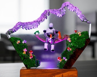 Diorama fantasy The Wild Robot, lampada in resina realizzata a mano, luce notturna che unisce la natura alla tecnologia, scultura fantascientifica unica, regalo per giocatori