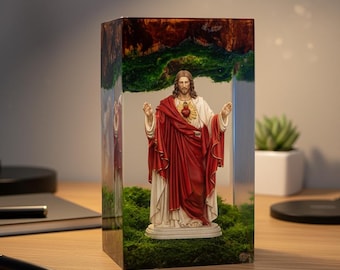 Statua in resina di Gesù Sacro Cuore, opera d'arte divina, decorazione cristiana per la casa, regalo, statuetta religiosa unica, ornamento in blocco di resina epossidica