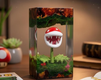 Lampada da tavolo in resina Super Adventure fatta a mano / Lampada notturna da tavolo a forma di piante Piranha per bambini / Decorazione per sala giochi e stanza dei giochi, regalo di compleanno