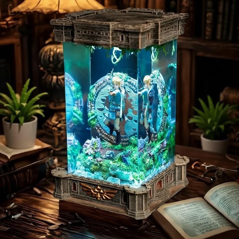 Puede incluir: Un diorama iluminado y detallado, inspirado en un videojuego, con una estructura en forma de castillo. La secci&oacute;n central transparente muestra personajes, mientras que la base y la parte superior est&aacute;n adornadas con elementos arquitect&oacute;nicos. El interior se ilumina con un brillo azul.
