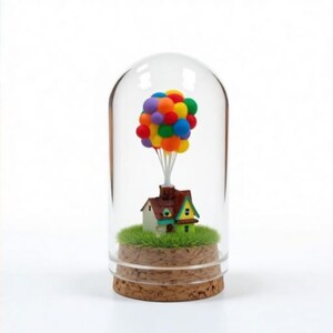 May include: A miniature house with a green lawn and colorful balloons inside a glass dome. The house has a brown roof and green and yellow walls. The balloons are red, orange, yellow, green, blue, and purple.