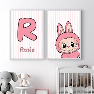 Custom Set of 2 Labubu Wall Art, Personalized Initial, Baby Gift Name, Labubu Poster, Trendy Colorful Posters, Popmart Figure, The Monsters