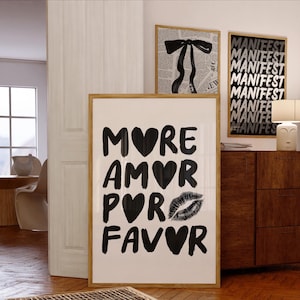More Amor Por Favor Art Print, Retro Black Kiss Poster, Aesthetic Trendy, Coquette Printable Decor, Girly Apartment Dorm, Preppy Wall Art
