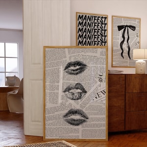 Kiss Lips Art Print, Retro Black Kiss Poster, Aesthetic Trendy Print, Coquette Printable Decor, Girly Apartment Dorm Prints, Preppy Wall Art