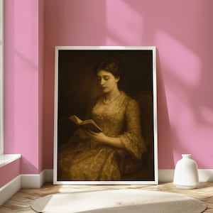 Woman Reading Altered Painting, Eclectic Vintage Wall Decor, Moody Printable Wall Art, Victorian Portrait Digital Download Antique Art Print
