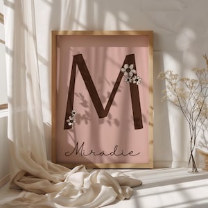 Custom Girl Initial Print, Pink Nursery Art, Personalized Girl Initial Wall Decor, Baby Girl Nursery Decor, Flower Vintage Style Girl Room