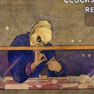 Peut inclure: Une peinture à l'aquarelle d'un atelier de réparation d'horloges et de montres. Un homme avec une loupe travaille sur une montre à un établi. L'enseigne au-dessus de lui indique "Horloges et montres réparées".