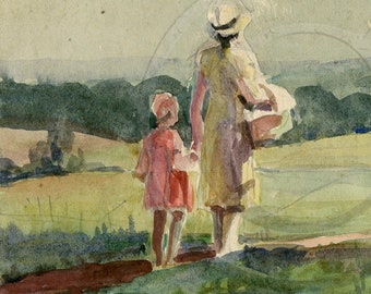 Mother and Daughter, Mother’s Day, Landscape, Summer Walk, Life, 1940s Art Print