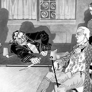 Può includere: Illustrazione in bianco e nero che raffigura una scena con quattro figure attorno a un tavolo. Una figura sembra tenere un coltello, mentre un'altra è seduta con un bastone. Un cameriere porta un vassoio. Lo stile ricorda un fumetto vintage.