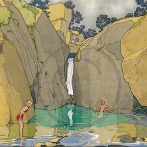 Bathing Pool, Waterfall, Water Cleansing, Nature, Etsy's Pick, Best Seller, 1920s Print