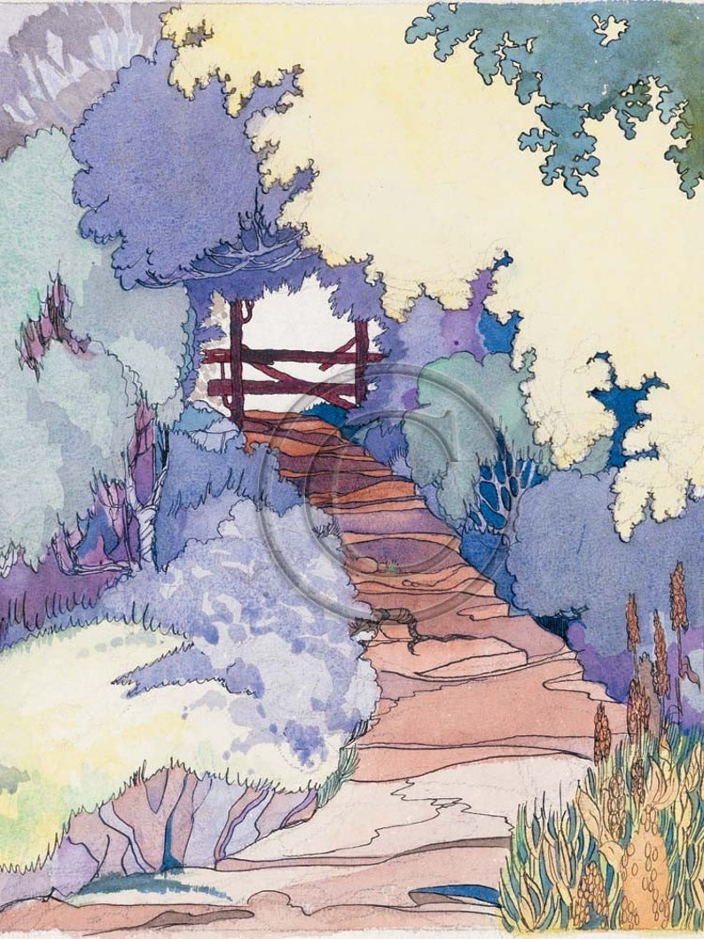 May include: A watercolor painting of a path leading through a forest. The path is lined with tall, green grass and trees. The trees are a mix of blue, purple, and green. The path leads to a wooden gate in the distance.