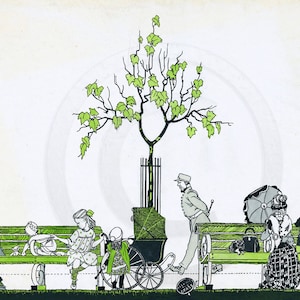 Park, Limegrön, Art Deco, Dag i parken, 1920-talstryck
