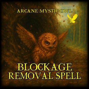 May include: An illustration featuring a brown owl with outstretched wings, set against a dark, earthy background. The text "ARCANE MYSTIC OWL" and "BLOCKAGE REMOVAL SPELL" are displayed in gold lettering, enhancing the mystical theme.