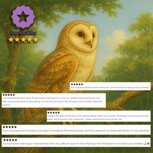 May include: An illustration of a barn owl perched on a tree branch, set against a backdrop of lush green foliage. The owl has golden-brown feathers and large, dark eyes. The image includes customer reviews and the text "Etsy Star Seller."
