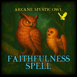 May include: An illustration featuring two owls on a branch, with the text "Arcane Mystic Owl" and "Faithfulness Spell". The owls are depicted in shades of orange and brown, set against a green backdrop. A small yellow owl is flying in the top right.