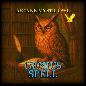 May include: Illustration of a wise owl wearing glasses, perched on a book with the words "GENIUS SPELL". The image features a quill and inkwell, and the text "ARCANE MYSTIC OWL". The owl is brown and orange.