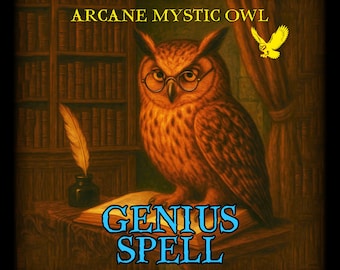 Könnte beinhalten: Illustration einer weisen Eule mit Brille, die auf einem Buch mit den Worten "GENIUS SPELL" sitzt. Das Bild zeigt eine Feder und ein Tintenfass sowie den Text "ARCANE MYSTIC OWL". Die Eule ist braun und orange.