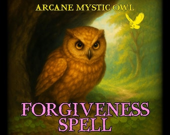May include: An illustration of a brown owl with yellow eyes, perched in front of a dark cave entrance. The text "ARCANE MYSTIC OWL" is at the top, and "FORGIVENESS SPELL" is at the bottom. A yellow owl flies in the background.