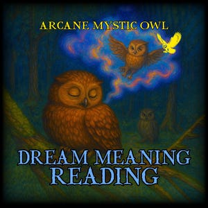 May include: An illustration featuring a brown owl with closed eyes perched on a branch, with the text "ARCANE MYSTIC OWL" and "DREAM MEANING READING". A smaller owl is in the background, and a yellow owl is flying.