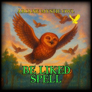 Könnte beinhalten: Eine Illustration mit einer großen, lächelnden Eule mit ausgebreiteten Flügeln, umgeben von kleineren Eulen im Flug. Die Texte "ARCANE MYSTIC OWL" und "BE LIKED SPELL" sind in Gold und Grün vor dem Hintergrund eines Sonnenuntergangshimmels und Bäumen dargestellt.