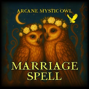 Op de afbeelding: Illustratie van twee uilen met bloemenkransen, tegen een donkerblauwe achtergrond met maan en sterren. De tekst "ARCANE MYSTIC OWL" en "MARRIAGE SPELL" is goudkleurig. Een gele uil is ook afgebeeld.