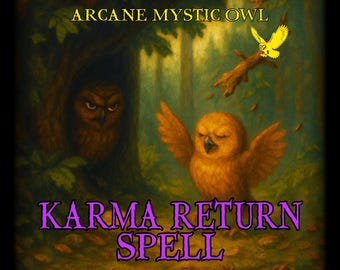 May include: An illustration featuring a mystical owl theme. The image displays a brown owl with outstretched wings, a yellow owl flying, and another owl in a tree. Text reads "Arcane Mystic Owl" and "Karma Return Spell."