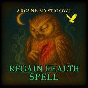 Pode incluir: Ilustra&ccedil;&atilde;o de uma coruja marrom com os olhos fechados e uma ferida vermelha no peito. A imagem inclui o texto "ARCANE MYSTIC OWL" e "REGAIN HEALTH SPELL" em fontes douradas e verdes. Uma lua crescente amarela e uma coruja voadora tamb&eacute;m s&atilde;o retratadas.