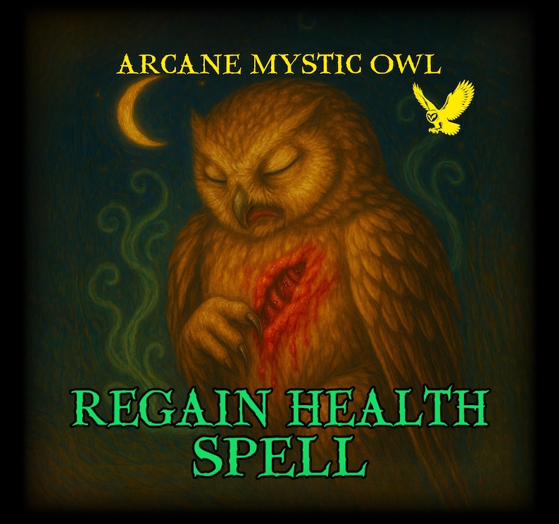 Pode incluir: Ilustra&ccedil;&atilde;o de uma coruja marrom com os olhos fechados e uma ferida vermelha no peito. A imagem inclui o texto "ARCANE MYSTIC OWL" e "REGAIN HEALTH SPELL" em fontes douradas e verdes. Uma lua crescente amarela e uma coruja voadora tamb&eacute;m s&atilde;o retratadas.