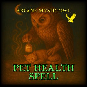 May include: An illustration featuring a large owl with glowing eyes, holding a bottle over a sleeping cat. The text "ARCANE MYSTIC OWL" and "PET HEALTH SPELL" are displayed. The color palette is dominated by warm browns and greens.