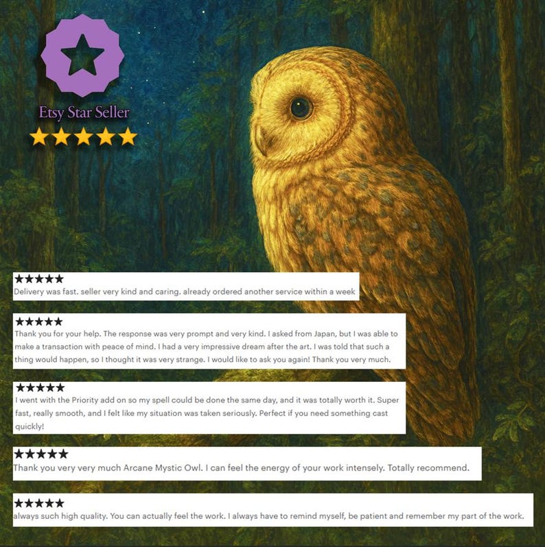 Pode incluir: Uma imagem do Etsy Star Seller com uma ilustra&ccedil;&atilde;o detalhada de uma coruja com penas castanho-douradas. A coruja est&aacute; situada em um fundo de floresta. A imagem inclui avalia&ccedil;&otilde;es de clientes e o texto "Etsy Star Seller".